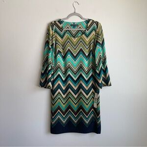 Madison Leigh Chevron Green Brown Blue Straight Midi Dress 8